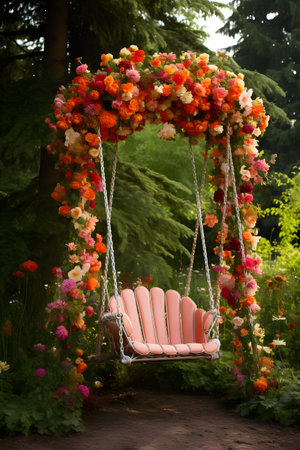 Wedding swing in the summer garden. Decorated with flowers.の素材