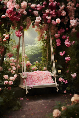 Beautiful swing in the garden with pink roses. Vintage style.の素材