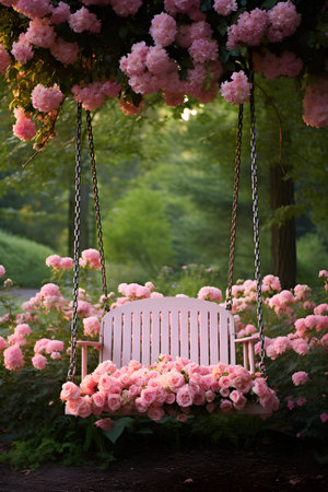 Beautiful swing with pink roses in the garden at sunset time.の素材