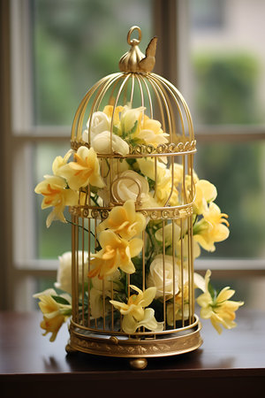 Beautiful bouquet of yellow freesia flowers in golden cageの素材