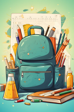 Back to school background with backpack and school supplies. Vector illustration.の素材