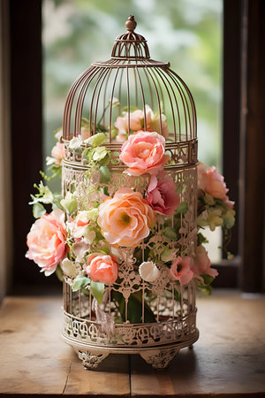 beautiful bouquet of flowers in a birdcage on a wooden tableの素材