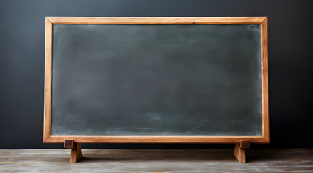 Empty blackboard with wooden frame on table in front of grey wallの素材