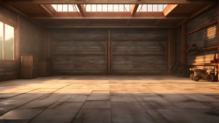 3D rendering of an old warehouse with wooden walls and floor.の素材