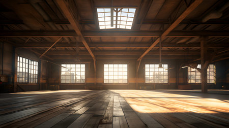 3d rendering of an old factory building with large windows and wooden floorの素材