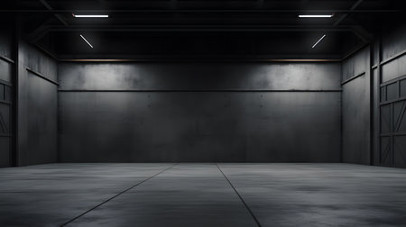 Dark empty warehouse interior with concrete floor. Mock up, 3D Renderingの素材