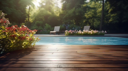 Swimming pool in the garden with wooden terrace and sun flareの素材