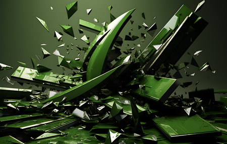 3d rendering of broken glass pieces in green color isolated on black backgroundの素材