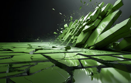 Broken glass surface. 3d render cracked wall with broken piecesの素材