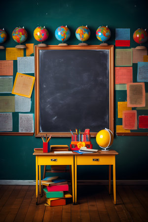 School classroom with school supplies on blackboard background. Back to school concept.の素材