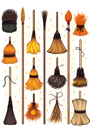 Set of brooms isolated on white background. Vector illustration in cartoon style.の素材