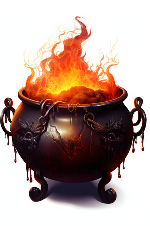 Halloween witch cauldron with fire isolated on a white background.の素材