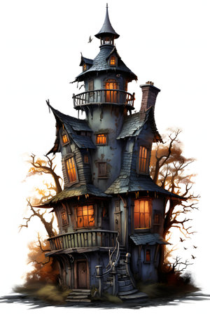Halloween background with haunted house and spooky trees on white backgroundの素材