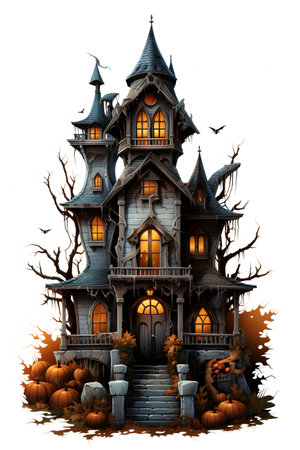 Halloween background with haunted house and pumpkins. Vector illustration.の素材