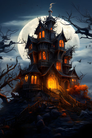 Halloween background with haunted house and full moon. Digital painting.の素材