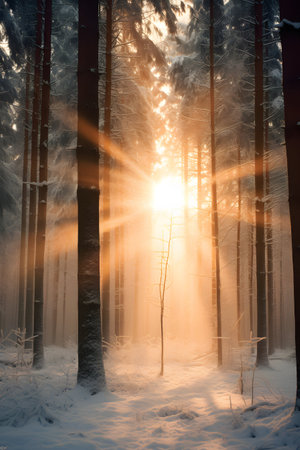 Winter forest in the rays of the setting sun. Beautiful winter landscape.の素材