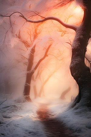 Beautiful winter landscape with foggy forest and sun in the backgroundの素材