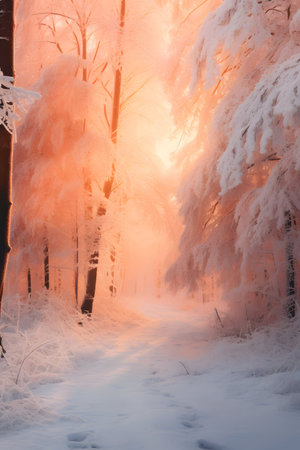 Winter forest at sunset. Frosty trees in the snow. Beautiful winter landscapeの素材