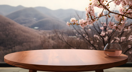 Wooden table top with spring cherry blossom flower in vase on nature backgroundの素材