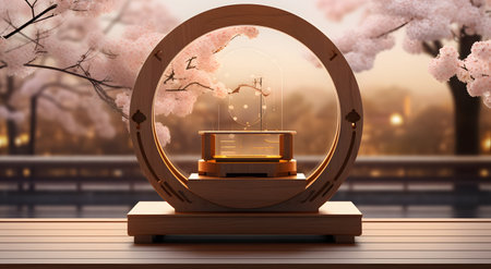 3d render, cherry blossom and round podium for product displayの素材