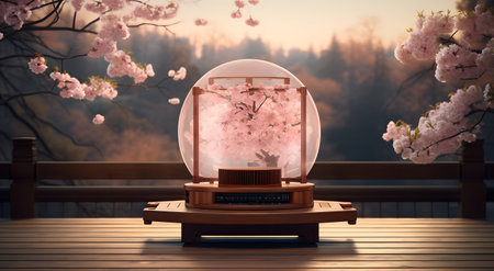 Crystal ball with cherry blossoms on wooden table. 3D renderingの素材