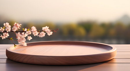 Wooden tray with cherry blossoms on table, 3d renderの素材
