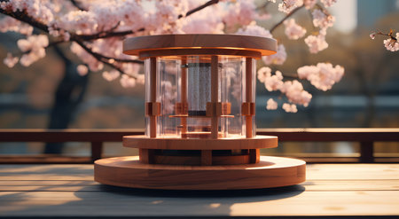 Cherry blossoms in full bloom and a lantern on a wooden tableの素材