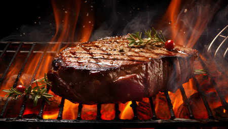 Grilled beef steaks on the grill with flames and rosemaryの素材
