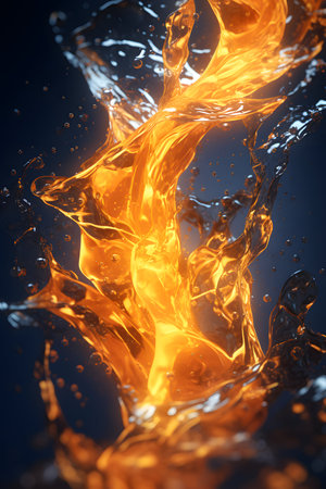 Splash of orange water on a black background. 3d rendering, 3d illustration.の素材