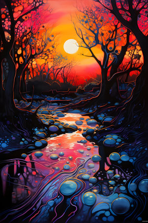 Sunset in the autumn forest. Colorful illustration for your designの素材