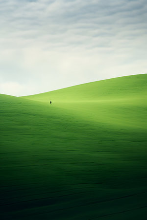 Lonely man walking on a green field. 3d renderingの素材