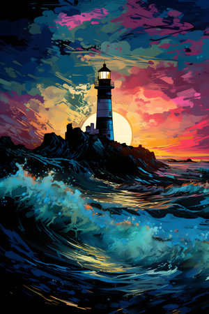 Lighthouse in the sea at sunset. Vector illustration for your designの素材