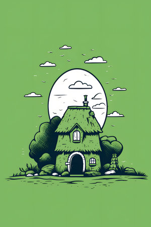 Hand drawn vector illustration of a fairy house on a green background.の素材