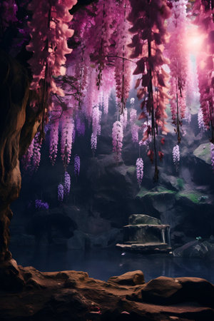 Beautiful wisteria flowers in the forest at night. Fairy forestの素材