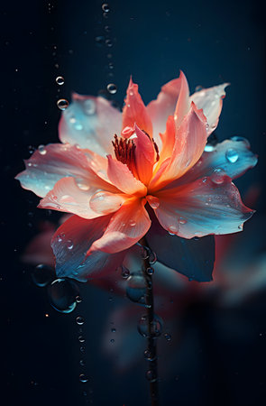 Beautiful lotus flower with drops of water on dark background.の素材