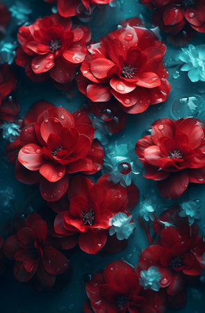 Beautiful red flowers in water. Floral background. Close upの素材