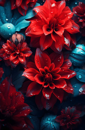 Red dahlia flowers with water drops on dark blue background.の素材