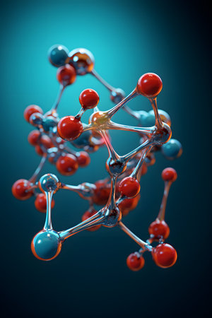 Molecular model of atom, 3D illustration on dark backgroundの素材