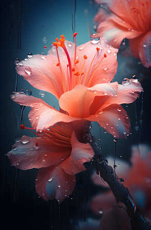 Beautiful pink hibiscus flower with water drops on black backgroundの素材