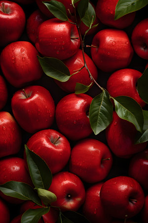 Red apples with green leaves on black background. Flat lay, top view.の素材