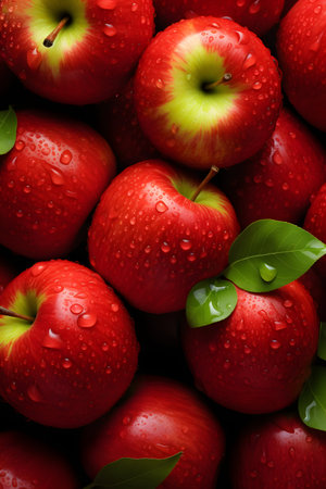 Red apples with drops of water as background, top view. Flat layの素材
