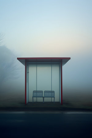Illustration of a bus stop on a foggy day with chairsの素材