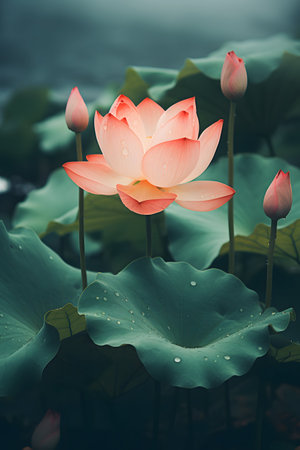 Lotus flower and Lotus flower plants in the pond, vintage toneの素材