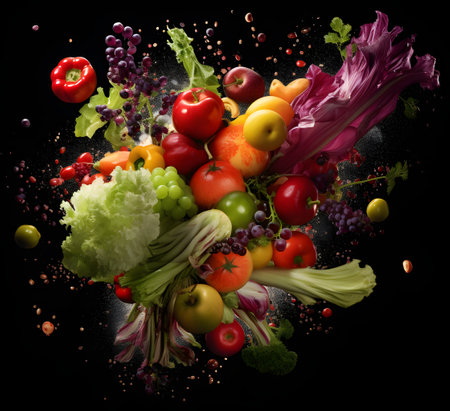 Fruit and vegetable explosion with water splashes isolated on black backgroundの素材