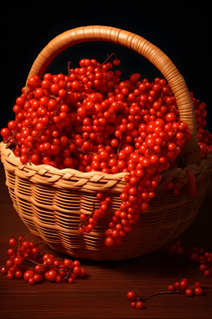 Basket with red berries of viburnum on a wooden tableの素材