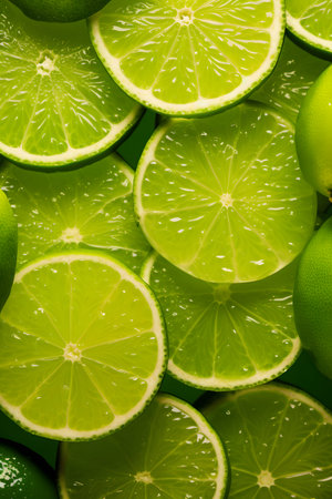 Lime slices background, top view, copy space for your textの素材