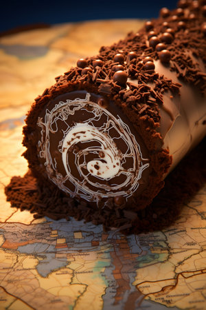 Chocolate roll cake on a world map. Selective focus.の素材