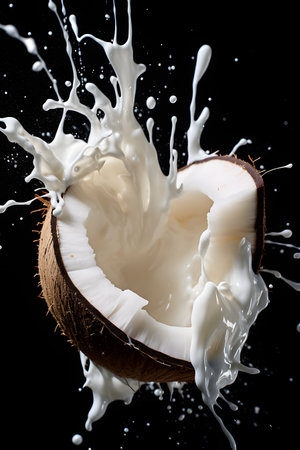 splashing milk from a coconut on a black background. close upの素材