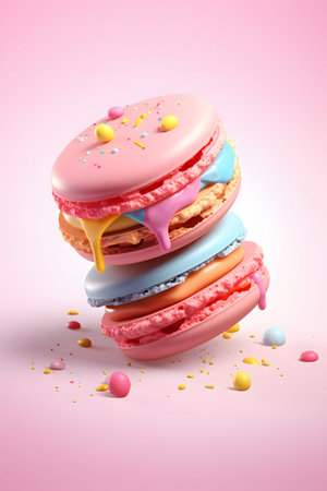 3d render of colorful macaroon with glaze on pink backgroundの素材