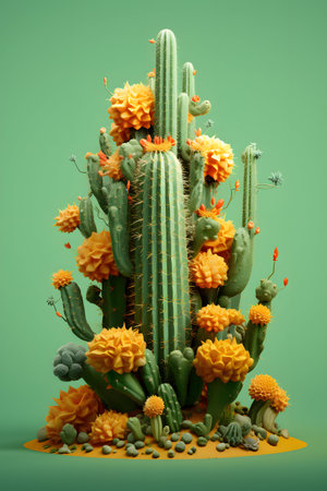 3d render of cactus and succulents on green backgroundの素材